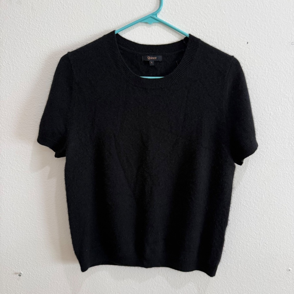 Quince Black 100% Cashmere Short Sleeve Crew Neck Sweater Large L Minimalist